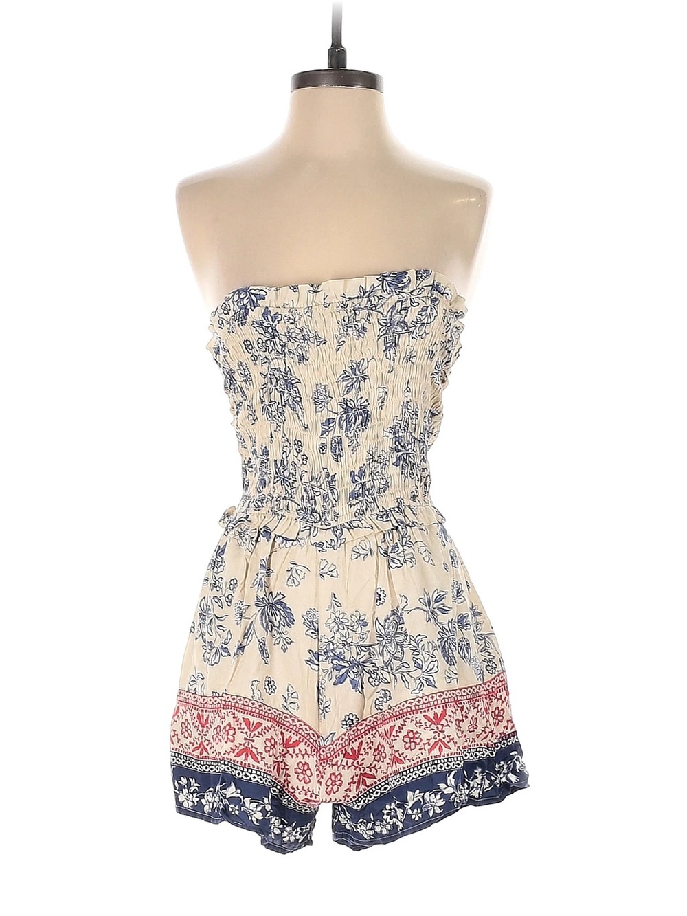 Jessica Simpson Strapless Floral Smocked Romper in Cream and Navy